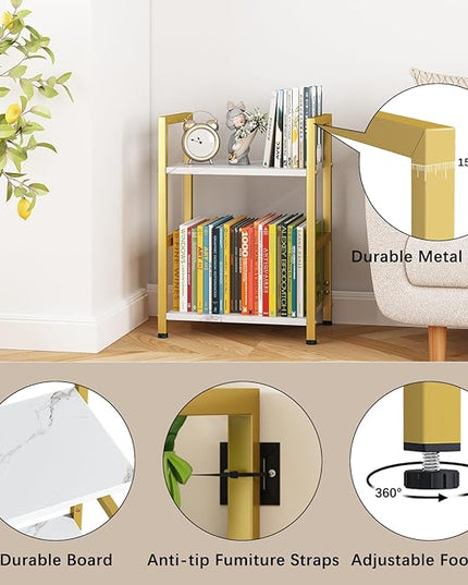 Small Bookshelf for Small Space, 2 Tier Bookcase Narrow Book Case Storage Organizer Book Shelf for Living Room, Bedroom and Office, Easy Assembly(2 Tier,Gold) - LeafyLoom