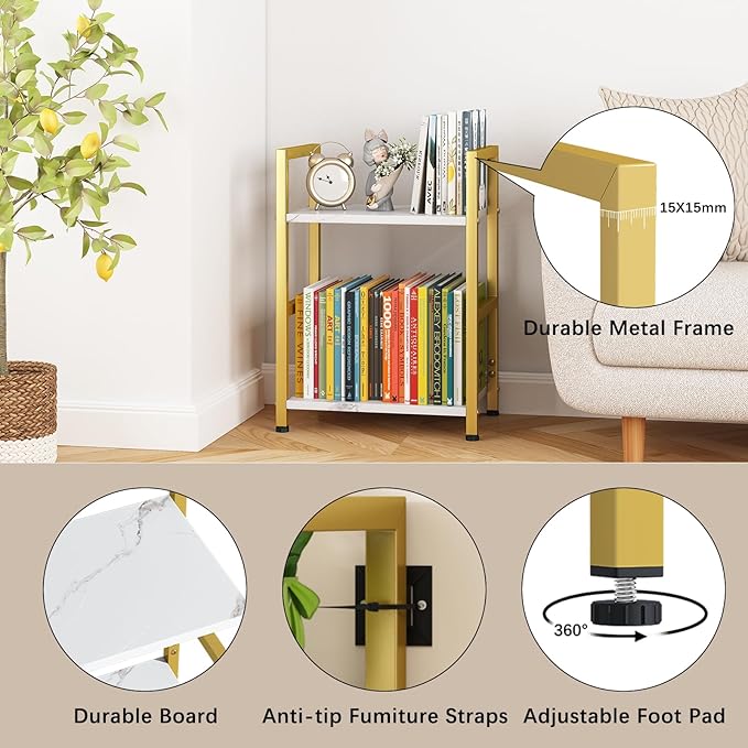 Small Bookshelf for Small Space, 2 Tier Bookcase Narrow Book Case Storage Organizer Book Shelf for Living Room, Bedroom and Office, Easy Assembly(2 Tier,Gold) - LeafyLoom