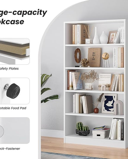 Farini 5 shelf boockase Display Bookcase Freestanding Wooden Bookshelves for Home Office Living Room,60 Inch Height,White - LeafyLoom