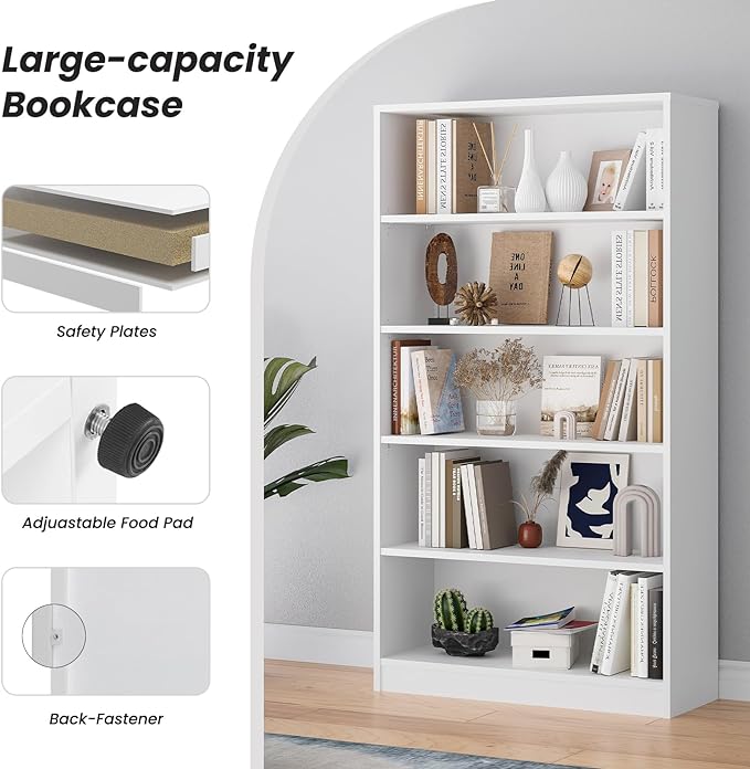 Farini 5 shelf boockase Display Bookcase Freestanding Wooden Bookshelves for Home Office Living Room,60 Inch Height,White - LeafyLoom