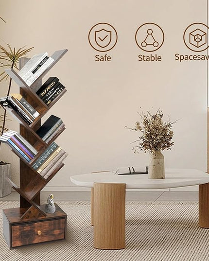 8-Tier Bookshelf Tree Bookshelf Book Tree with Drawer Wooden Bookshelves Storage Rack for CDs/Books, Shelves for Bedroom, Living Room & Office (Rustic Brown) - LeafyLoom