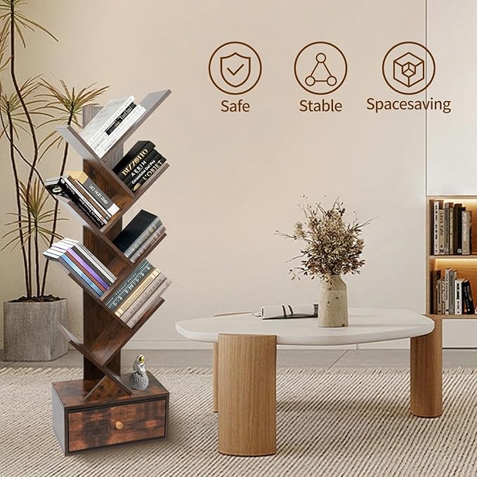 8-Tier Bookshelf Tree Bookshelf Book Tree with Drawer Wooden Bookshelves Storage Rack for CDs/Books, Shelves for Bedroom, Living Room & Office (Rustic Brown) - LeafyLoom