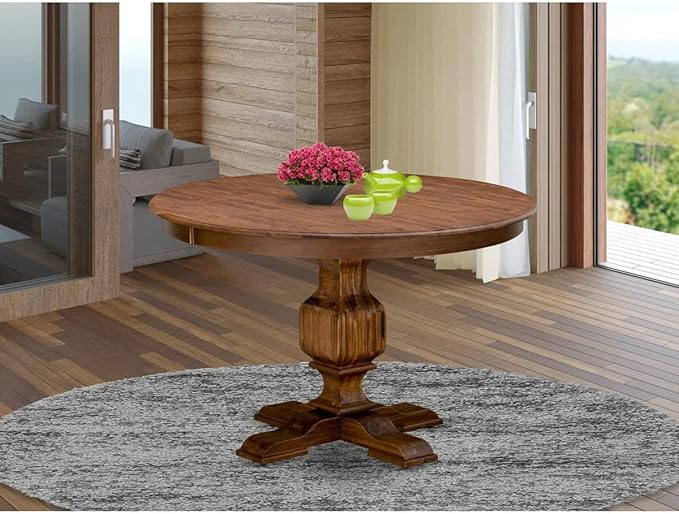 East West Furniture FE3-0N-TP Ferris Modern Kitchen Table - a Round Dining Table Top with Pedestal Base, 48x48 Inch, Sandblasting Antique Walnut - LeafyLoom