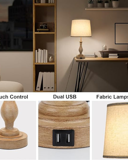 Touch Lamps for Bedrooms Set of 2, Farmhouse Table Lamp with Dual USB Charging Ports, 3 Way Dimmable Nightstand Lamps with Linen Fabric Lampshade for Bedroom, Living Room (Pack2-01A) - LeafyLoom