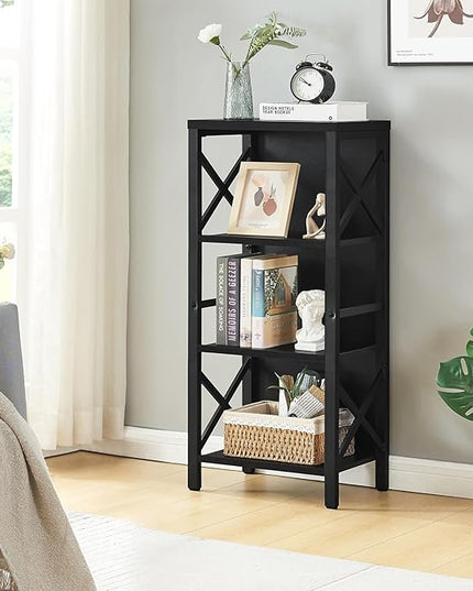 Bookcase, Industrial Small Bookshelf,4-Tier Narrow Bookcase Storage Organizer, Small Book Shelf for Small Spaces, Living Room, Bedroom and Home Office, Black - LeafyLoom