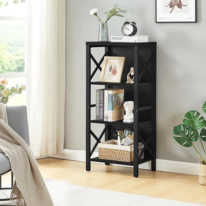 Bookcase, Industrial Small Bookshelf,4-Tier Narrow Bookcase Storage Organizer, Small Book Shelf for Small Spaces, Living Room, Bedroom and Home Office, Black - LeafyLoom