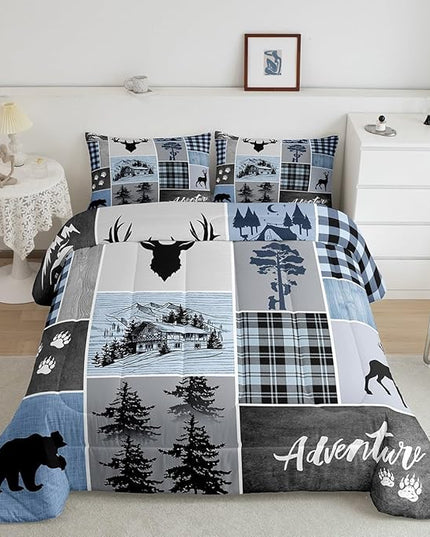Manfei Deer Antler Comforter Set King Size,Bear Paws Rustic Farmhouse Xmas Bedding Set for Kids Boys Girls Adults Room Decor,Plaids Patchwork Adventure Down Comforter,Blue Duvet Insert,2 Pillowcases - LeafyLoom