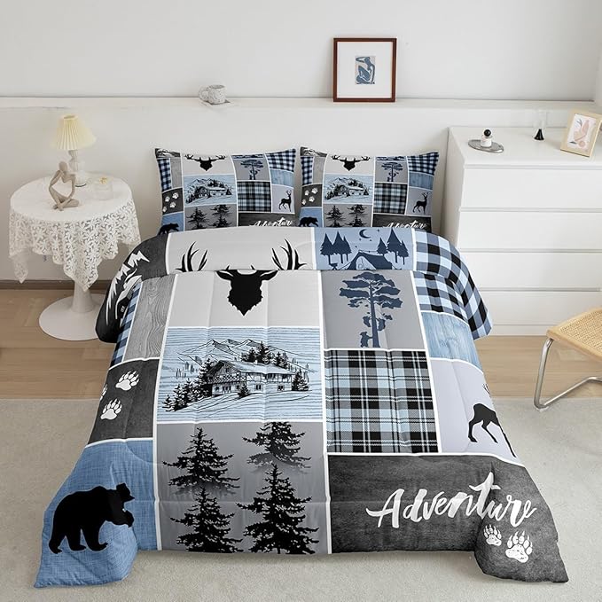 Manfei Deer Antler Comforter Set Queen Size,Bear Paws Rustic Farmhouse Xmas Bedding Set for Kids Boys Girls Adults Room Decor,Plaids Patchwork Adventure Down Comforter,Blue Duvet Insert,2 Pillowcases - LeafyLoom