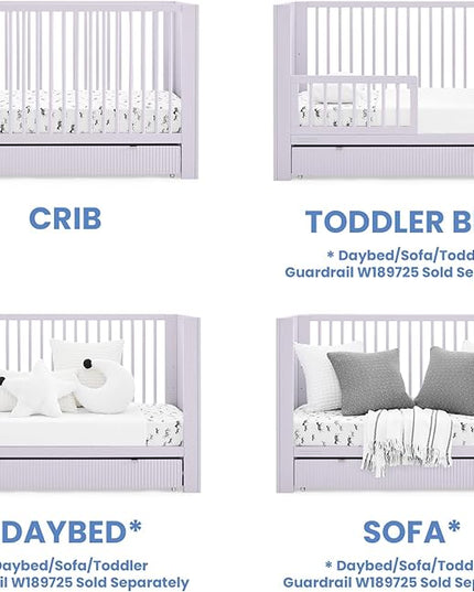 Delta Children Cassie 4-in-1 Convertible Crib with Underdrawer, Lilac + Simmons Kids Silver Nights Dual Sided 2-Stage Baby Crib Mattress (Bundle) - LeafyLoom