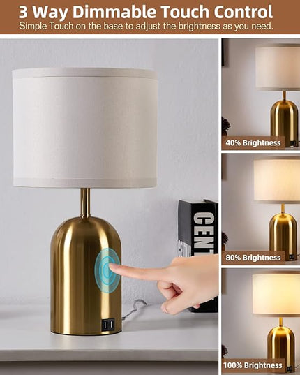 Touch Control Table Lamps Set of 2, Bedside Table Lamps for Bedrooms Set of 2 Modern Living Room 3 Way Dimmable Gold Bedside Lamp for End Table with 2 USB Charging Ports, 2 Bulbs Included - LeafyLoom