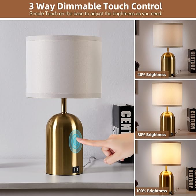 Touch Control Table Lamps Set of 2, Bedside Table Lamps for Bedrooms Set of 2 Modern Living Room 3 Way Dimmable Gold Bedside Lamp for End Table with 2 USB Charging Ports, 2 Bulbs Included - LeafyLoom