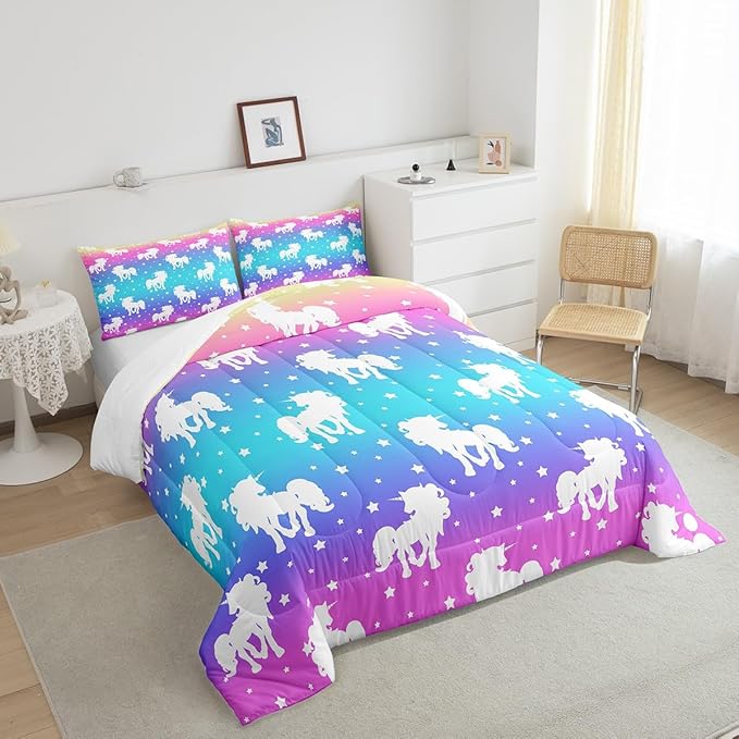 2 Piece Unicorn and Stars Bedding Set Twin Size,Tie Dye Pastel Comforter Sets Rainbow Printed Duvet Sets for Kids Girls Teens,Girly Sweet Colorful Down Comforter Bedroom Decor with 1 Pillow Case - LeafyLoom