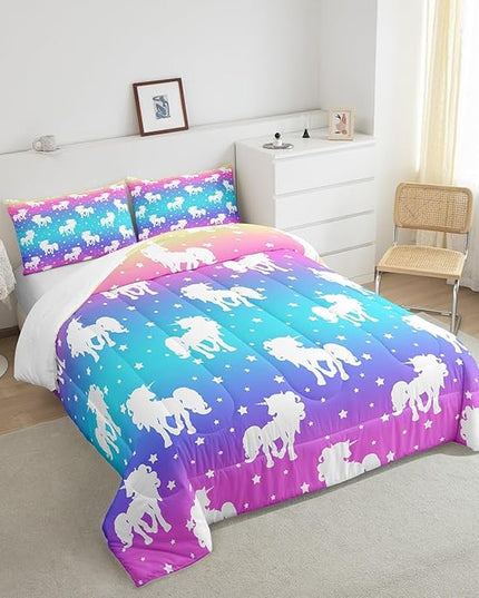 2 Piece Unicorn and Stars Bedding Set King Size,Tie Dye Pastel Comforter Sets Rainbow Printed Duvet Sets for Kids Girls Teens,Girly Sweet Colorful Down Comforter Bedroom Decor with 2 Pillow Cases - LeafyLoom