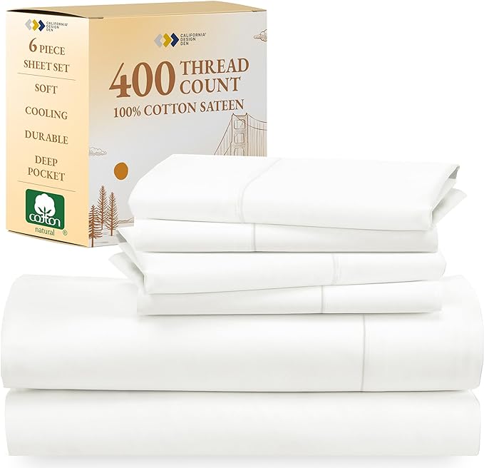 California Design Den 6-Pc King Size Sheet Set with 4 Pillowcases - Soft 400 Thread Count 100% Cotton Sheets, Cooling Sateen Weave, Luxury Deep Pocket Bedsheets Set - Ivory - LeafyLoom