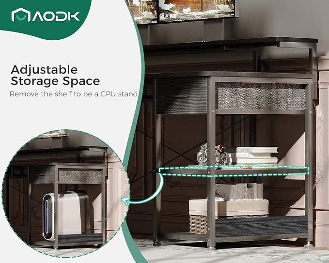 AODK Computer Desk with Keyboard Tray, 48 Inch Gaming Desk with Power Outlet, Office Desk with Drawer, Reversible Desk with Adjustable Monitor Shelf and Storage Shelf for Home, Black - LeafyLoom