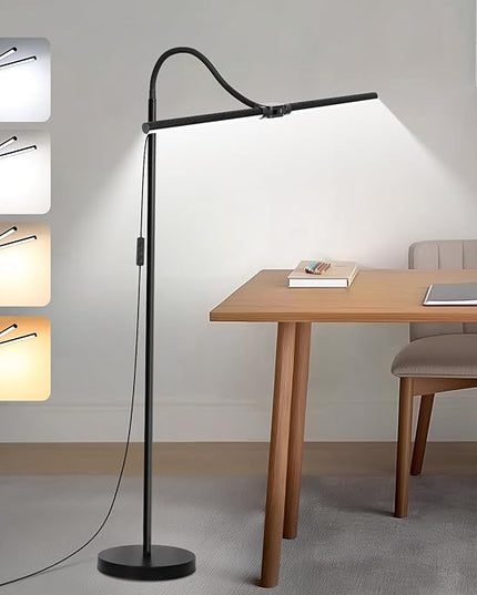 LED Floor Lamp, 15W/1800LM Bright Reading Floor Lamp for Office with Double Head, Adjustable Gooseneck Dimmable Modern Standing Light for Lash Extension Craft, Eye Caring Floor Lamps for Living Room - LeafyLoom