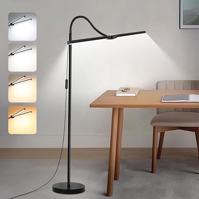 LED Floor Lamp, 15W/1800LM Bright Reading Floor Lamp for Office with Double Head, Adjustable Gooseneck Dimmable Modern Standing Light for Lash Extension Craft, Eye Caring Floor Lamps for Living Room - LeafyLoom