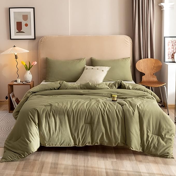 ROSGONIA California King Comforter Set Olive Green, 3pcs (1 Boho Olive Cal King Comforter & 2 Pillowcases), All Season Bedding Blanket Quilts - LeafyLoom