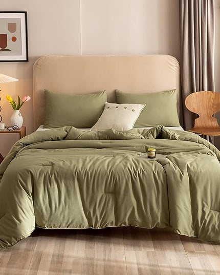 ROSGONIA Queen Comforter Set Olive Green, 3pcs Bedding Sets Queen (1 Boho Olive Comforter & 2 Pillowcases), All Season Lightweight Blanket Quilt - LeafyLoom