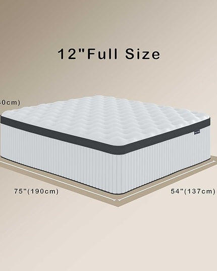 Full Mattress, 12 Inch Innerspring Hybrid Mattress in a Box with Gel Memory Foam, Individually Wrapped Encased Coil Pocket Spring Mattress, Pressure Relief, Medium Firm Support,54"*75"*12" - LeafyLoom