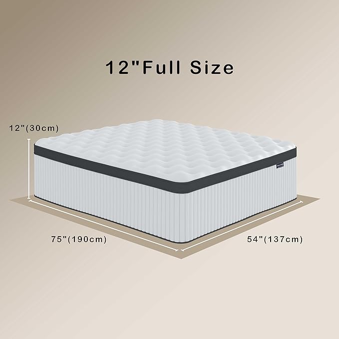 Full Mattress, 12 Inch Innerspring Hybrid Mattress in a Box with Gel Memory Foam, Individually Wrapped Encased Coil Pocket Spring Mattress, Pressure Relief, Medium Firm Support,54"*75"*12" - LeafyLoom