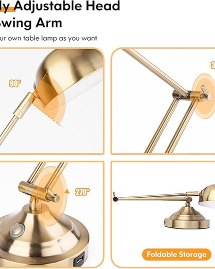 Architect Gold Desk Lamp Dimmable with USB Port, Adjustable Touch Control Vintage Desk Lamp 3 Color Modes, Brass Metal Desk Lamp Retro Style Reading Light for Home Office Desk Bedside Table - LeafyLoom