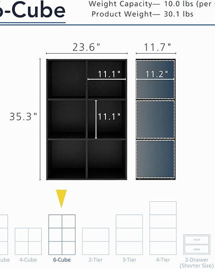Apexa 6 Cube Storage Organizer Shelves, Stackable Wood Bookcase Fits Cubby Bins for Organization, Dorm Teen Room Decor & Home Office, Black - LeafyLoom
