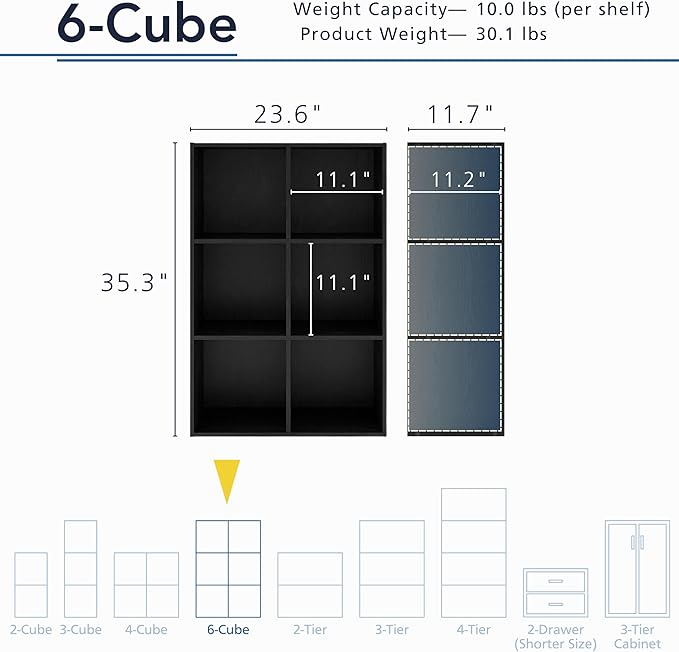 Apexa 6 Cube Storage Organizer Shelves, Stackable Wood Bookcase Fits Cubby Bins for Organization, Dorm Teen Room Decor & Home Office, Black - LeafyLoom