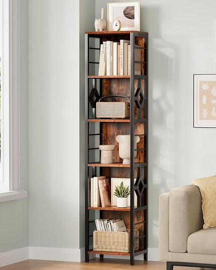 YITAHOME Narrow Bookshelf, 5-Tier Industrial Book Shelf Storage Rack, Display Shelves Stand Etagere for Small Spaces, Open Bookcase for Bedroom Living Room Bathroom Kitchen, Rustic Brown - LeafyLoom