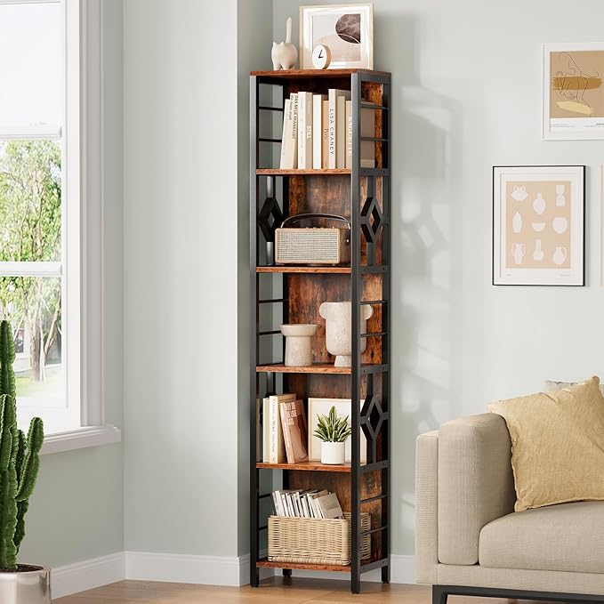 YITAHOME Narrow Bookshelf, 5-Tier Industrial Book Shelf Storage Rack, Display Shelves Stand Etagere for Small Spaces, Open Bookcase for Bedroom Living Room Bathroom Kitchen, Rustic Brown - LeafyLoom
