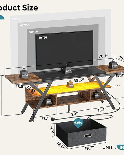 Bestier 70 Inch Gaming Tv Stands for Living Room with Power Outlet for TVs up to 75", Black Entertainment Center with Led Lights for Living Room Bedroom. Rustic Brown - LeafyLoom