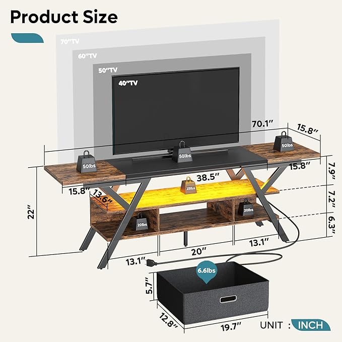 Bestier 70 Inch Gaming Tv Stands for Living Room with Power Outlet for TVs up to 75", Black Entertainment Center with Led Lights for Living Room Bedroom. Rustic Brown - LeafyLoom