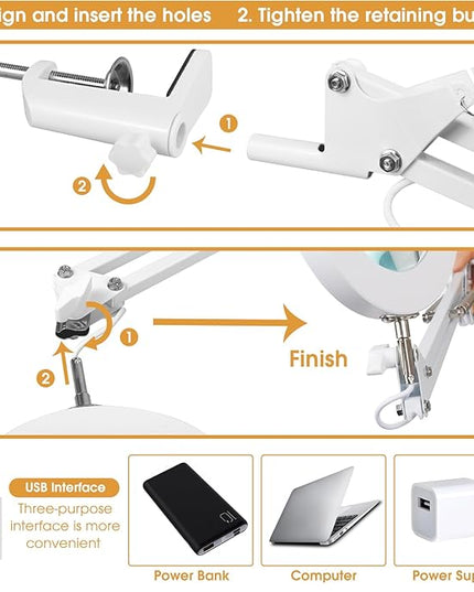 5X Magnifying Glass with Light and Stand, Desk Clip on Lamp for Reading Home Office, 48 LEDs USB Clip Ring Light with 3 Color Modes Clamp Light for Bed Headboard, Craft, Computer, Video Call - LeafyLoom