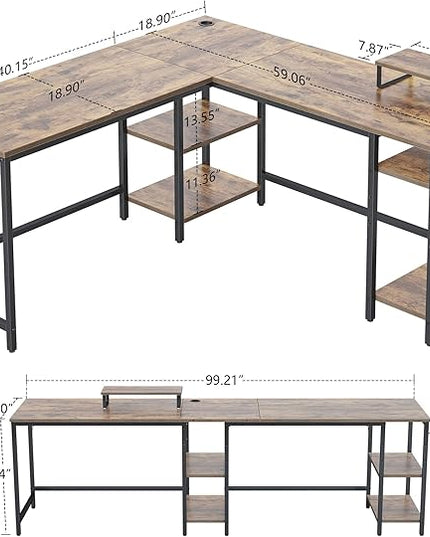 CubiCubi L Shaped Desk, 59.1 inch Reversible Corner Desk with Storage Shelves, Home Office Desk with Monitor Stand, Rustic Brown - LeafyLoom