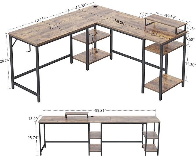 CubiCubi L Shaped Desk, 59.1 inch Reversible Corner Desk with Storage Shelves, Home Office Desk with Monitor Stand, Rustic Brown - LeafyLoom