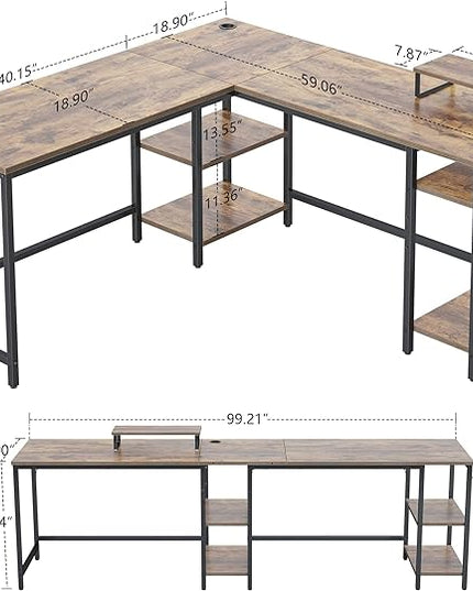 BANTI L Shaped Desk with Storage, 59 Inch Reversible Corner Computer Desk or 2 Person Long Table Desk, Home Office Large Gaming Writing Storage Workstation with Monitor Stand, Rustic Brown - LeafyLoom