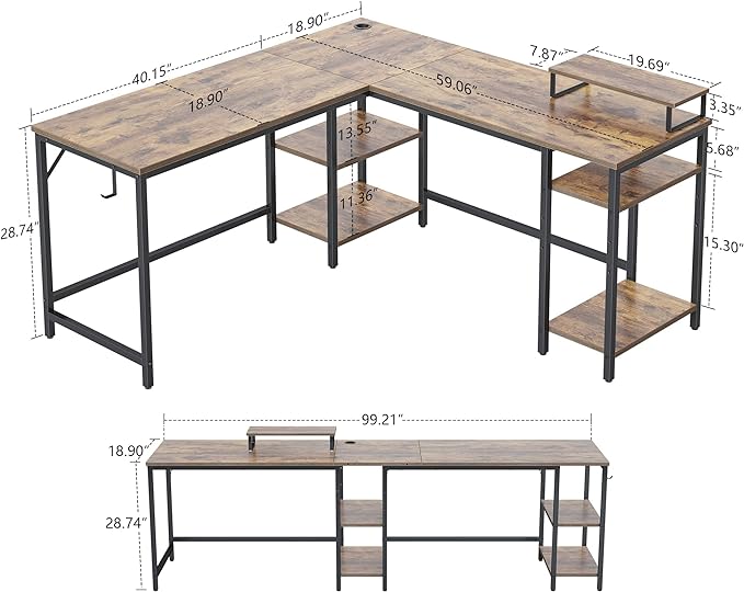 BANTI L Shaped Desk with Storage, 59 Inch Reversible Corner Computer Desk or 2 Person Long Table Desk, Home Office Large Gaming Writing Storage Workstation with Monitor Stand, Rustic Brown - LeafyLoom