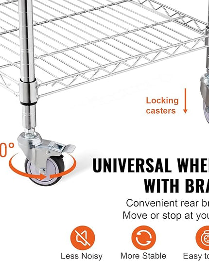 VEVOR Kitchen Utility Cart, 36.6"x20"x24" 3 Tiers Wire Rolling Cart, 470LBS Capacity Steel Service Cart with Brake Wheels, Storage Trolley with 76mm Basket PP Liner 6 Hooks, for Indoor & Outdoor Use - LeafyLoom