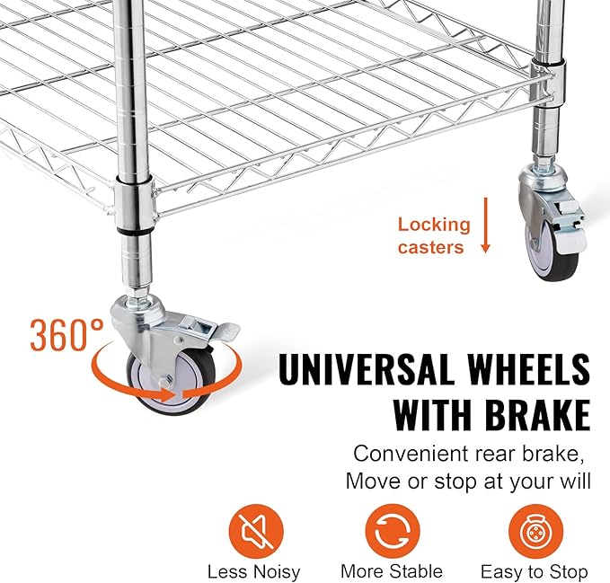 VEVOR Kitchen Utility Cart, 36.6"x20"x24" 3 Tiers Wire Rolling Cart, 470LBS Capacity Steel Service Cart with Brake Wheels, Storage Trolley with 76mm Basket PP Liner 6 Hooks, for Indoor & Outdoor Use - LeafyLoom