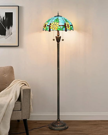 Tiffany Floor Lamp Blue Yellow Sunflowers Stained Glass lamps for Living Room Bedroom Office Lighting Rustic Corner Deco Standing Tall Vintage Kids Aesthetic Mediterranean Style Lamp - LeafyLoom