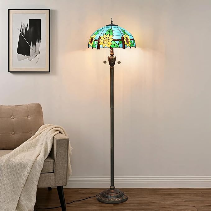 Tiffany Floor Lamp Blue Yellow Sunflowers Stained Glass lamps for Living Room Bedroom Office Lighting Rustic Corner Deco Standing Tall Vintage Kids Aesthetic Mediterranean Style Lamp - LeafyLoom