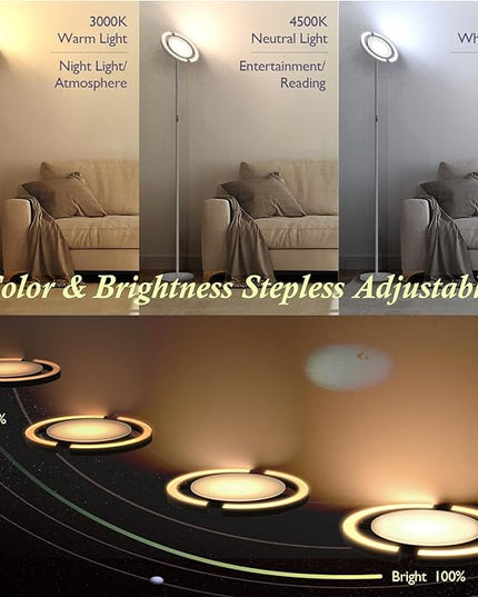 FIMEI Modern LED Floor Lamp Saturn Ring Original Design, Stepless Dimming and 3 Color Temperature, Rotatable and Independent Control of Round Light and Ring Light for Living Room Bedroom Office, Gray - LeafyLoom