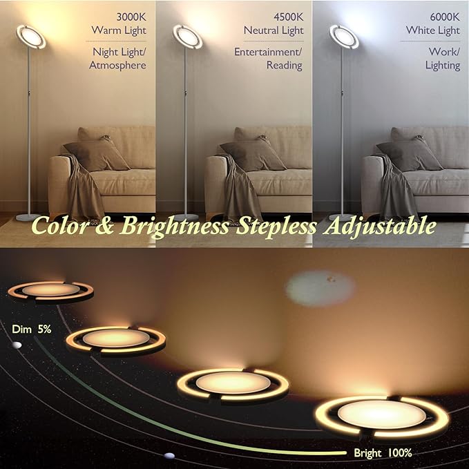 FIMEI Modern LED Floor Lamp Saturn Ring Original Design, Stepless Dimming and 3 Color Temperature, Rotatable and Independent Control of Round Light and Ring Light for Living Room Bedroom Office, Gray - LeafyLoom