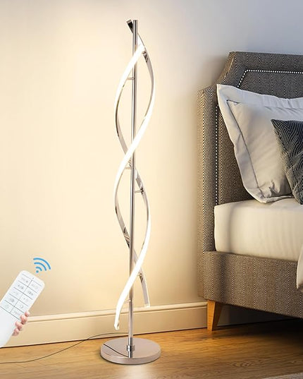 LED Modern Floor Lamp for Living Room, 40W 3 Colors Stepless Dimmable and Color-Changing Bright Floor Standing Lamp,60" Unique Spiral Floor Tall Lamp for Bedroom Office with Remote,Chrome - LeafyLoom