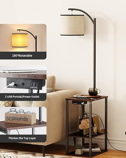 SUNMORY Floor Lamp with Charging Station(USB & AC Port), Rustic End Table Lamp with Shelves & 3-Color Temperature LED Bulb, Lamp Table for Living Room, Walnut - LeafyLoom