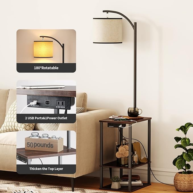 SUNMORY Floor Lamp with Charging Station(USB & AC Port), Rustic End Table Lamp with Shelves & 3-Color Temperature LED Bulb, Lamp Table for Living Room, Walnut - LeafyLoom