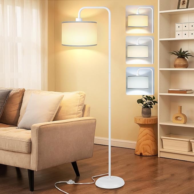 [Upgraded] LED Floor Lamp for Living Room, 3 Color Temperature Floor Lamp with Foot Switch Modern Standing Lamp Tall Pole Floor Reading Lamp for Bedroom, Study Room, Office, 9W Bulb Included, White - LeafyLoom