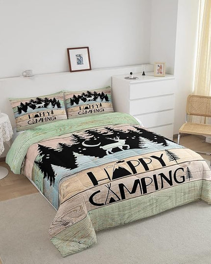 Kids Happy Camping Comforter Set King,Cute Deer Camper Bedding Set Rustic Farmhouse Woodland Animal Comforter for Boys Girls Old Barn Door Quilted Duvet Star Moon Pine Tree Decor 3 Pcs Black Green - LeafyLoom