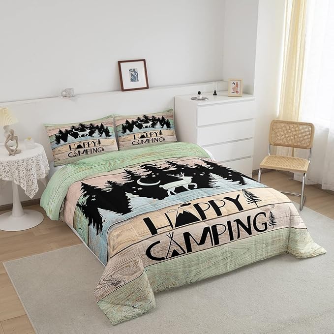 Kids Happy Camping Comforter Set King,Cute Deer Camper Bedding Set Rustic Farmhouse Woodland Animal Comforter for Boys Girls Old Barn Door Quilted Duvet Star Moon Pine Tree Decor 3 Pcs Black Green - LeafyLoom