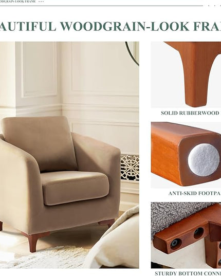 COLAMY Velvet Accent Chair with Storage Ottoman Set, Upholstered Barrel Arm Chair with Footrest, Modern Living Room Chair with Back Pillow, Camel - LeafyLoom